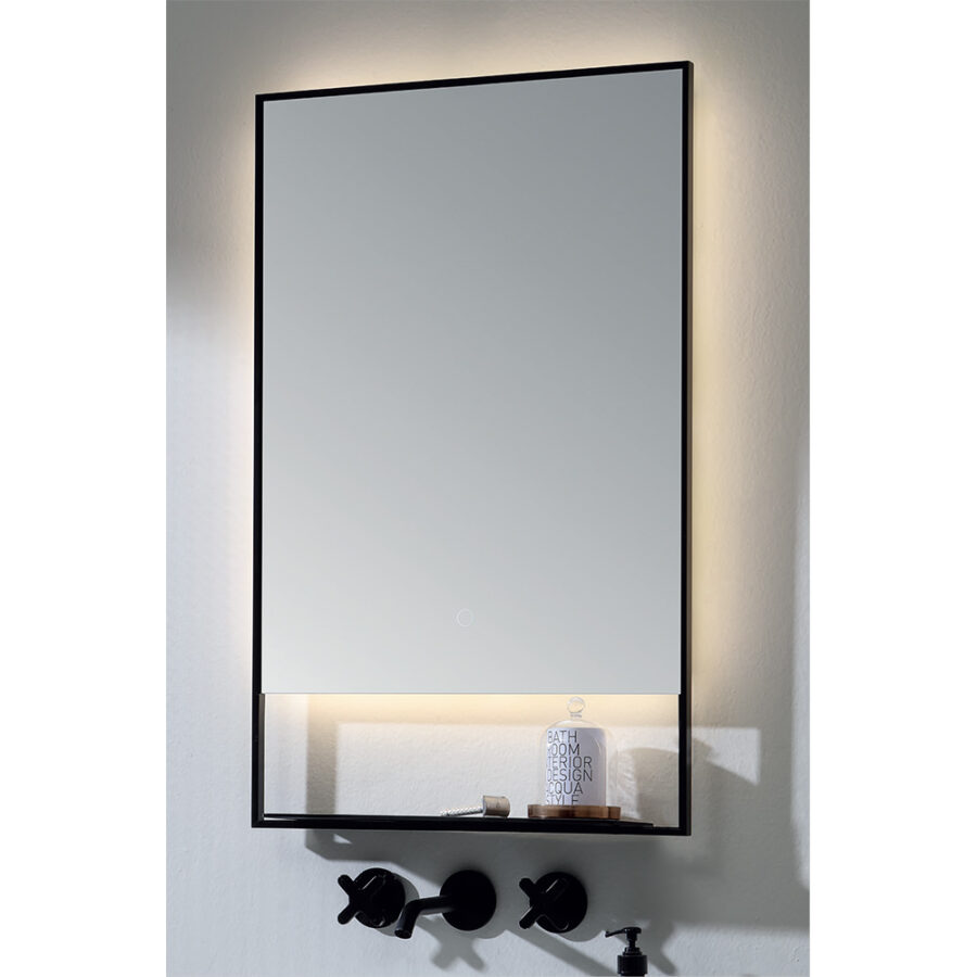 Specchio rettangolare retroilluminato LED con mensola