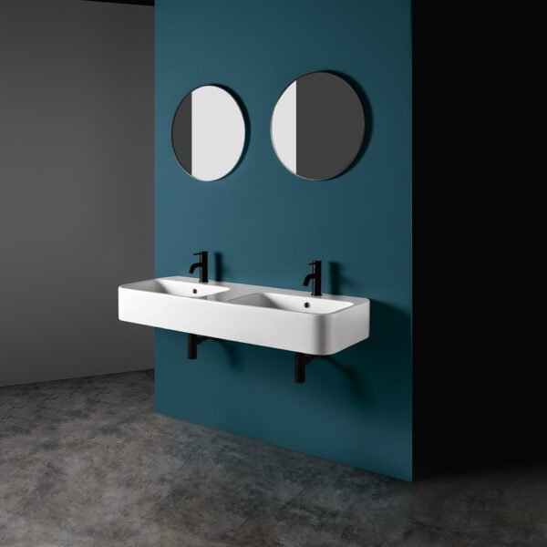 Lavabo doppia vasca in ceramica Cosa AXA 120×45 cm, da appoggio o sospeso
