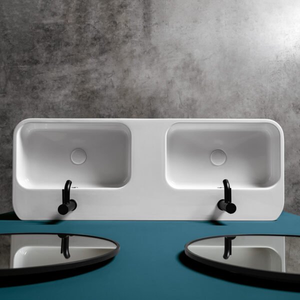 Lavabo doppia vasca 120×45 cm in ceramica Cosa AXA con struttura