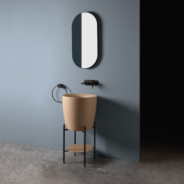 Mobile bagno acciaio inox Kracklite AXA, vista alternativa 2 con lavabo in ceramica, collezione Kracklite AXA per arredo bagno – Tuttidea