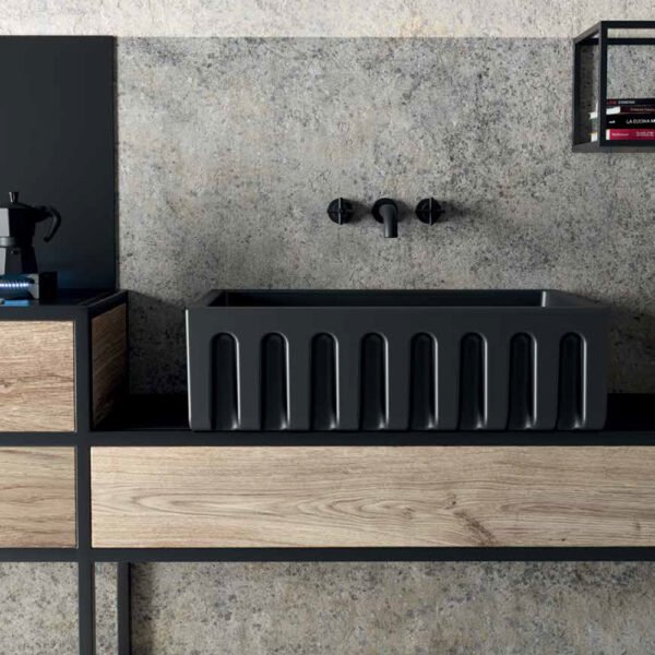 Lavello cucina in ceramica scanalato della collezione Farmer Sinks Fluted Galassia per arredo cucina, vista alternativa – Tuttidea