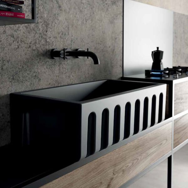 Lavello cucina in ceramica scanalato della collezione Farmer Sinks Fluted Galassia per arredo cucina, vista principale – Tuttidea