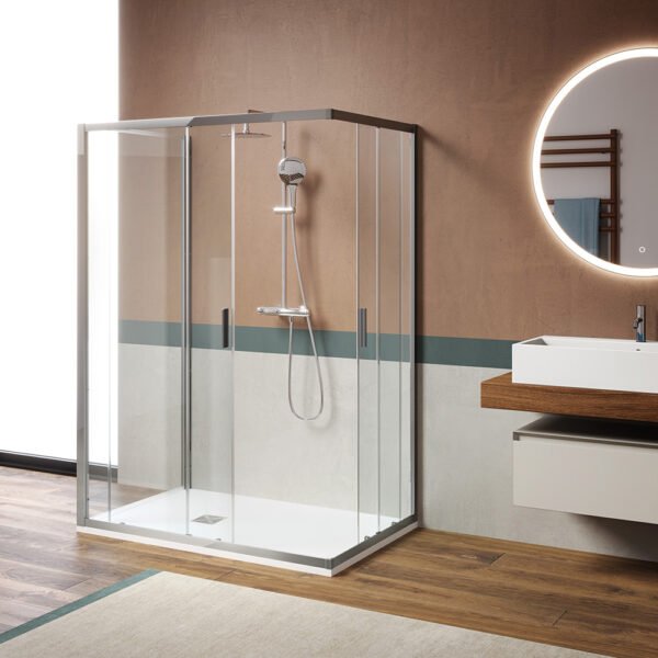 Box doccia tre lati centro parete con porte scorrevoli per arredo bagno, vista principale, EASYFLEX Tamanaco – Tuttidea