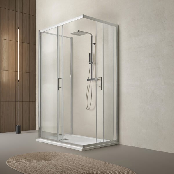 Box doccia tre lati centro parete con porte scorrevoli per arredo bagno, vista principale, ECOLATO Tamanaco – Tuttidea