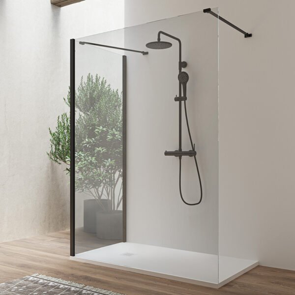 box doccia walk in centro parete profili neri per arredo bagno, vista alternativa, PARETENERA Tamanaco – Tuttidea