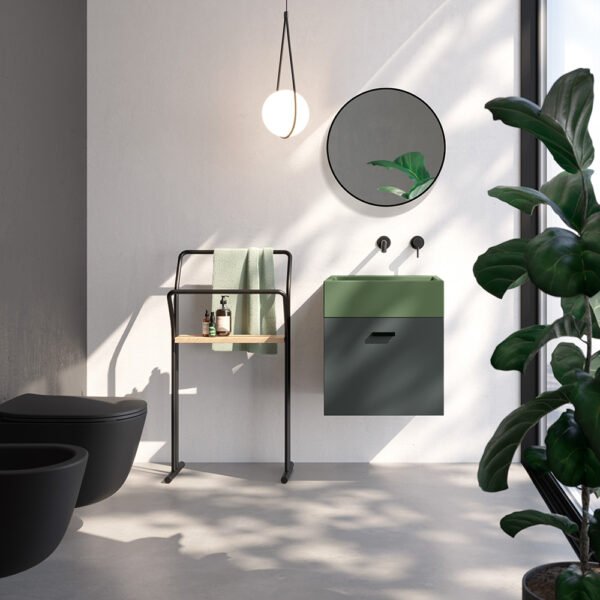 Lavabo da appoggio o sospeso in ceramica Collezione Volant Verde Bamboo Acquaceramica Colavene, vista principale, per arredo bagno e arredo lavanderia – Tuttidea