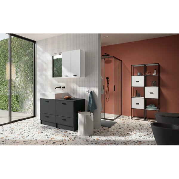 Mobile bagno completo a terra con lavabo in ceramica Collezione Volant 1 Acquaceramica Colavene, vista principale, per arredo bagno e arredo lavanderia – Tuttidea