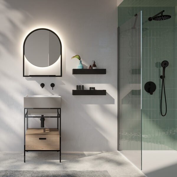 Mobile bagno completo a terra con lavabo in ceramica Collezione Volant 4 Acquaceramica Colavene, vista principale, per arredo bagno e arredo lavanderia – Tuttidea