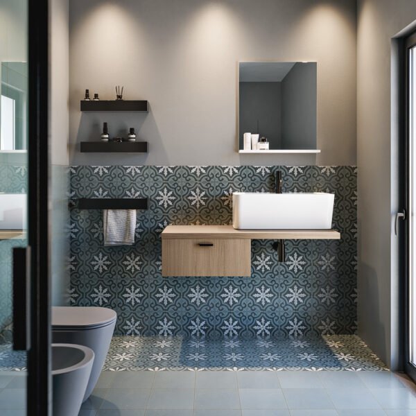 Mobile bagno completo sospeso con lavabo in ceramica della Collezione Wynn 5 Acquaceramica Colavene in ambientazione per arredo bagno e arredo lavanderia – Tuttidea