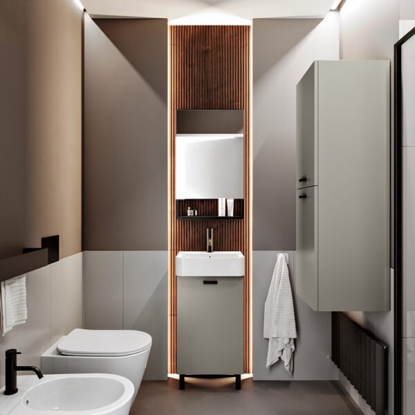 Mobile bagno con lavabo in ceramica della collezione Mini Lavabi Acquaceramica Colavene in una composizione di arredo bagno – Tuttidea