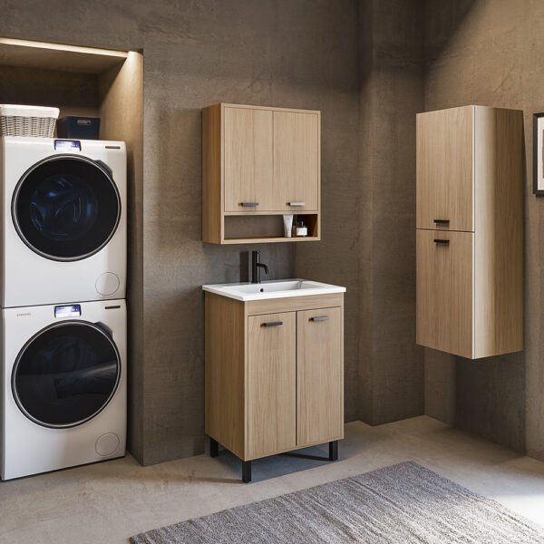 Composizione ambientata con mobile e lavabo in ceramica Prisma Acquaceramica Colavene per arredo bagno e arredo lavanderia – Tuttidea