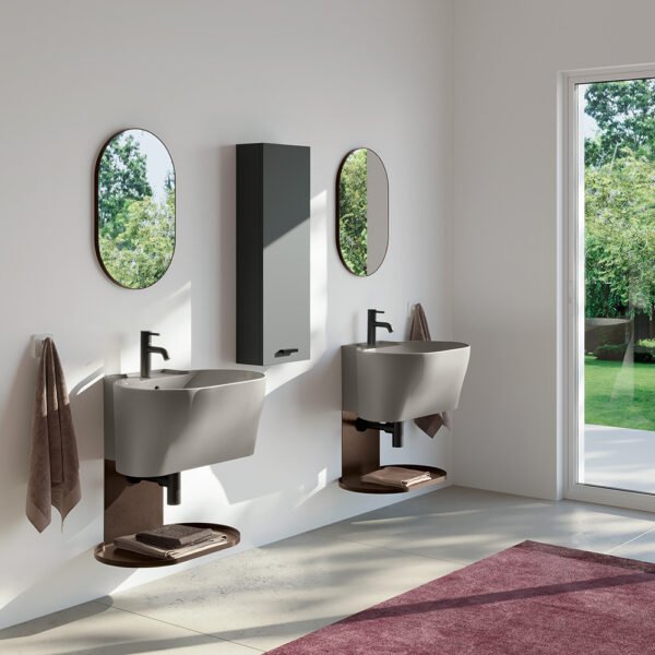 Mobile bagno o lavanderia sospeso con lavabi in ceramica Collezione Tino e Tina 2 Acquaceramica Colavene, vista principale, per arredo bagno e arredo lavanderia – Tuttidea