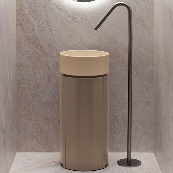Mobile bagno a terra freestanding con lavabo rotondo in ceramica Collezione Mate AXA ambientazione per arredo bagno – Tuttidea