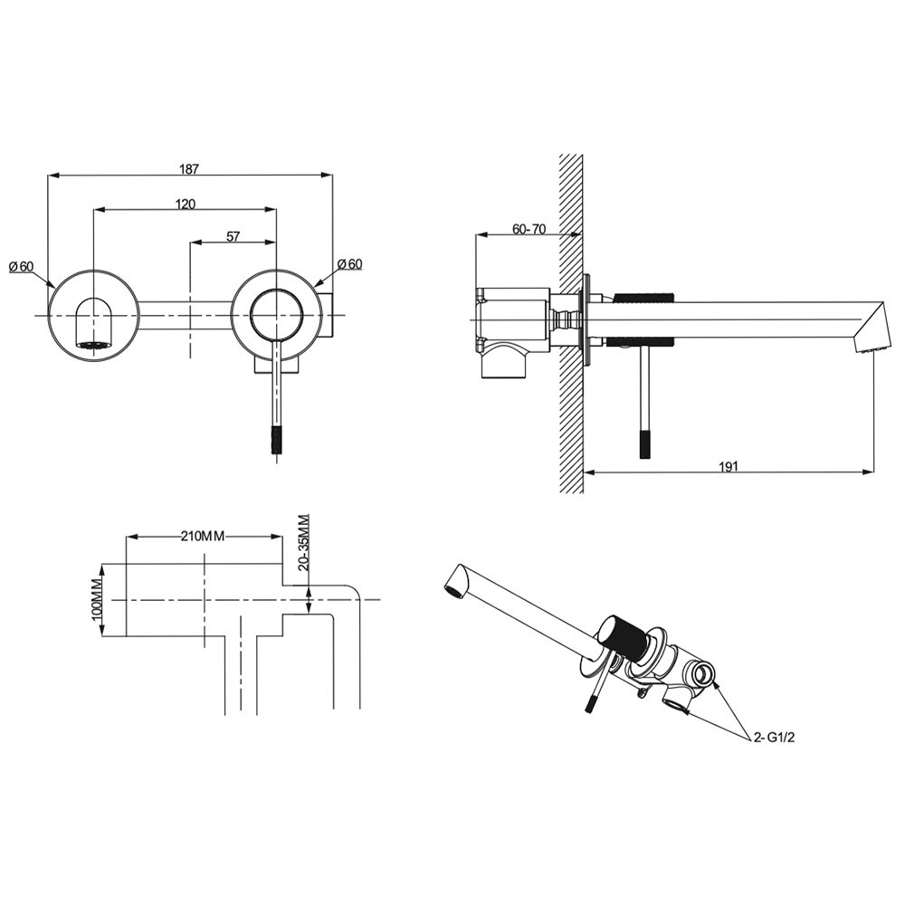 Miscelatore Lavabo da parete con bocca 19 cm senza scarico Collezione Iseo LaBlù Miscelatore Lavabo da parete con bocca 19 cm senza scarico Collezione Iseo LaBlù
