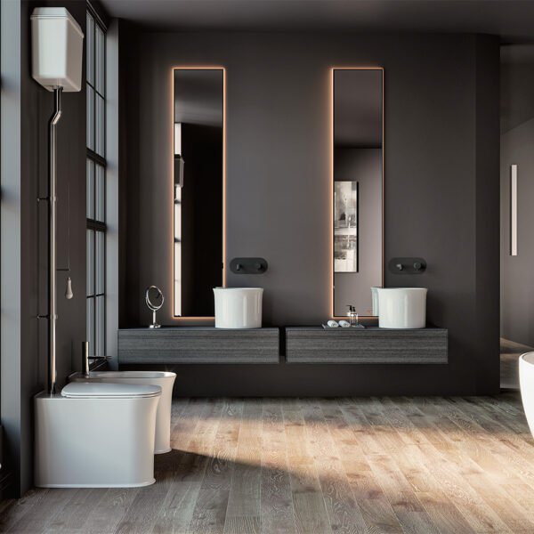 Lavabo da appoggio in ceramica mezzo freestanding Collezione The New Yorker Kerasan in ambientazione bagno – Tuttidea