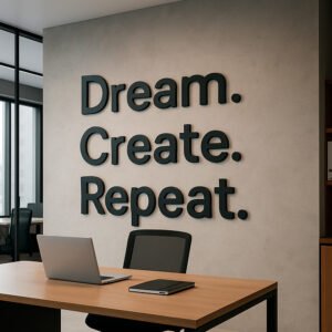 Scritta decorativa a parete DREAM CREATE REPEAT in Legno, Forex o Alluminio Dibond Telligraf