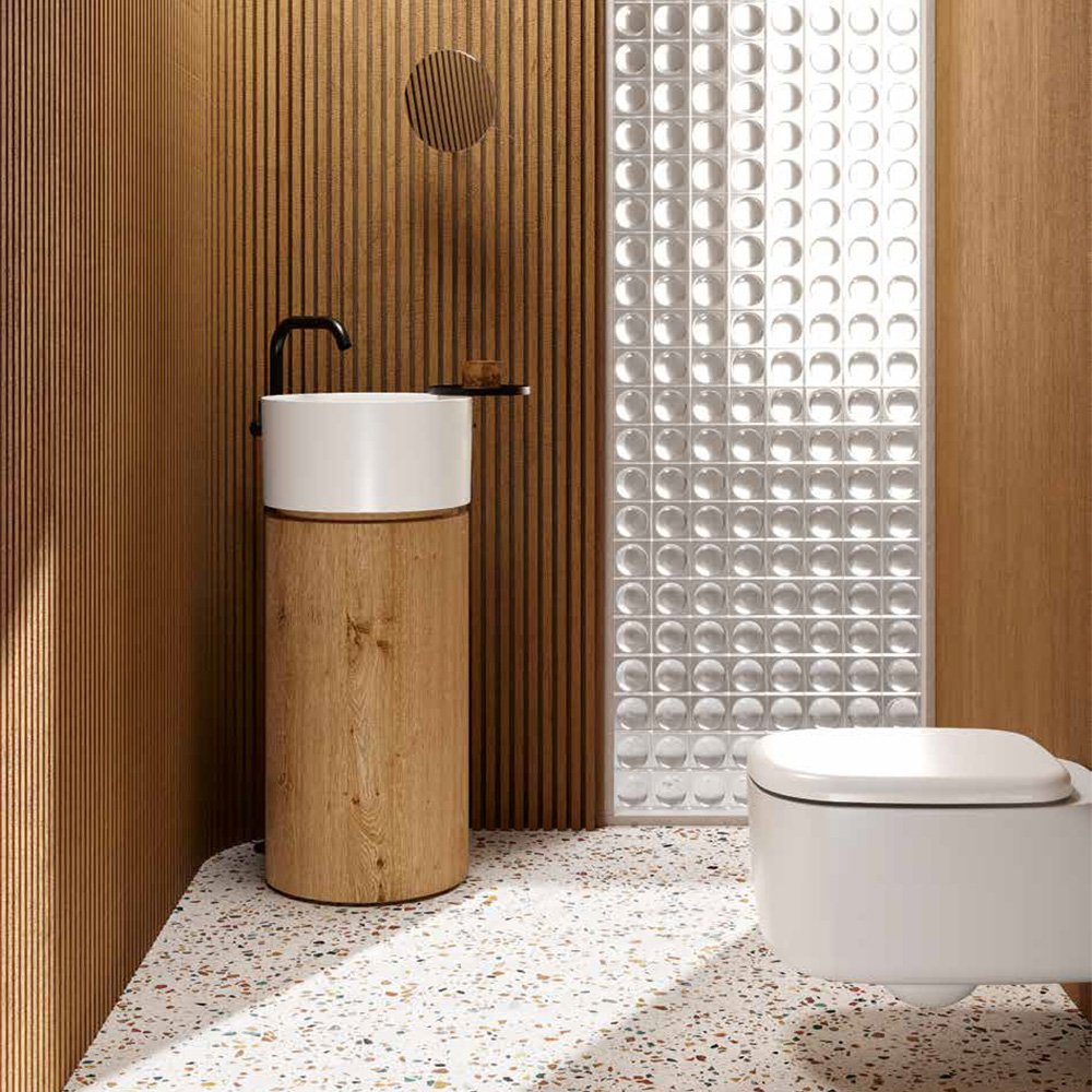Lavabo in ceramica ø40 cm con mobile in rovere freestanding Collezione Core Galassia 2 Lavabo in ceramica ø40 cm con mobile in rovere freestanding Collezione Core Galassia 1