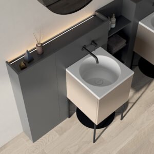 Lavabo in ceramica 48×48 cm con foro rubinetteria con struttura e mobile con anta Collezione 20.26 Colavene