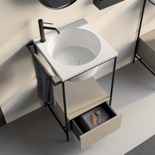 Mobile bagno 48 cm Collezione 20.26 Colavene con dettaglio del cassetto e lavabo in ceramica – Tuttidea
