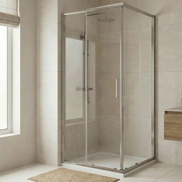 Box doccia angolare Slim Tamanaco con doppia anta scorrevole, profilo cromo e vetro trasparente vista prodotto per arredo bagno – Tuttidea