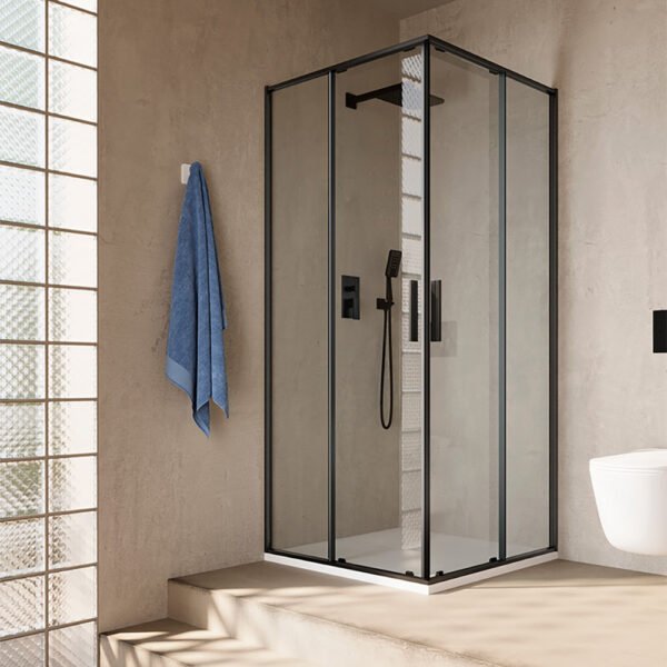 Box doccia angolare anta scorrevole nero matt per arredo bagno, vista principale, Slim Tamanaco – Tuttidea