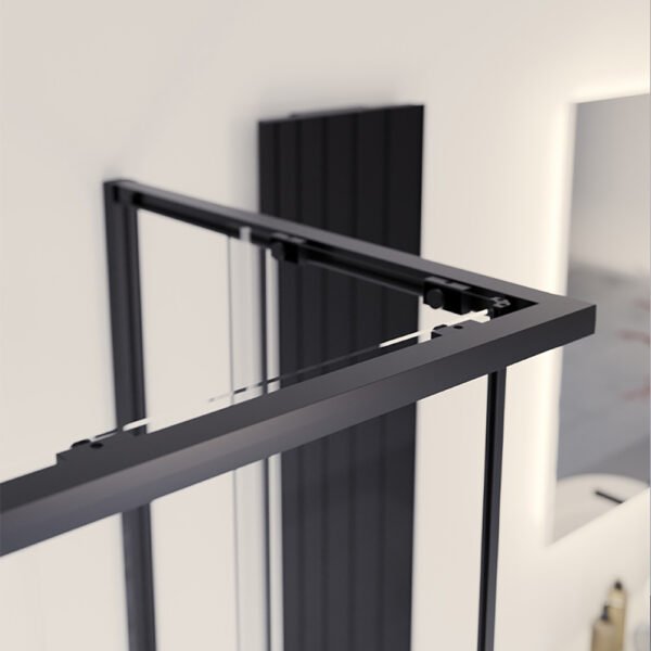 Box doccia angolare Slim Tamanaco con doppia anta scorrevole, profilo nero matt e vetro trasparente vista prodotto per arredo bagno – Tuttidea
