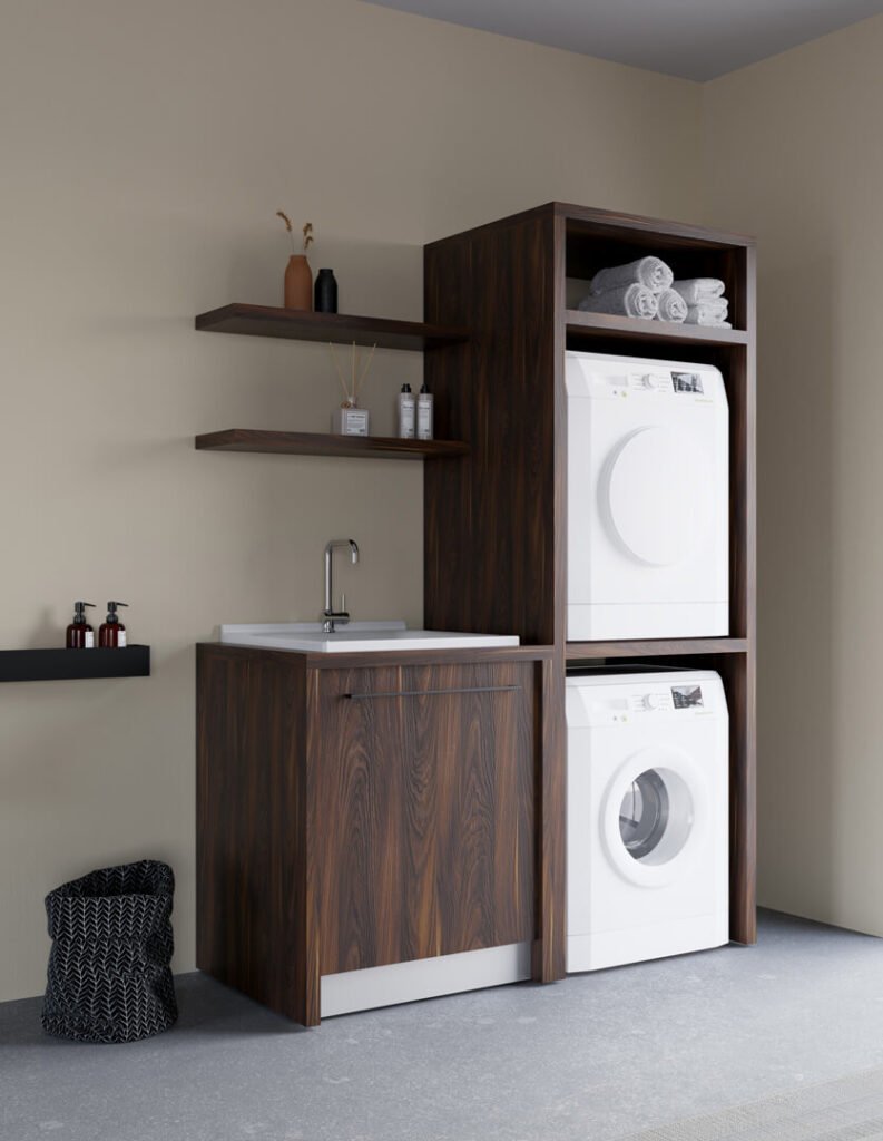 Mobile lavanderia con lavabo in ceramica e colonna porta asciugatrice e lavatrice Smartop 1 Colavene Mobile lavanderia Smartop 1 Colavene con colonna per lavatrice e asciugatrice e mensole portaoggetti – Tuttidea