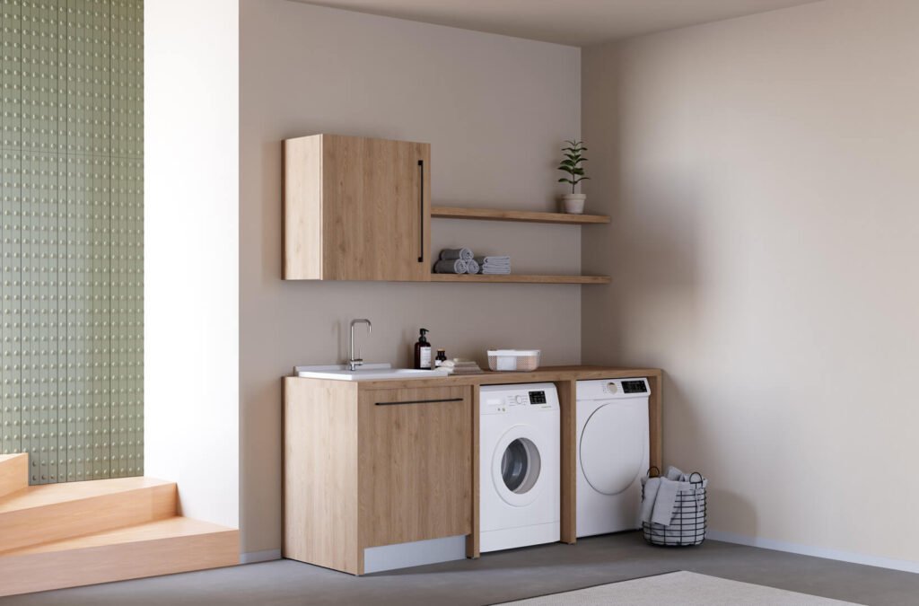 Mobile lavanderia con lavabo in ceramica inserimento asciugatrice e lavatrice Smartop 2 Colavene Mobile lavanderia Smartop 2 Colavene set completo con lavabo in ceramica, pensile e mensole – Tuttidea