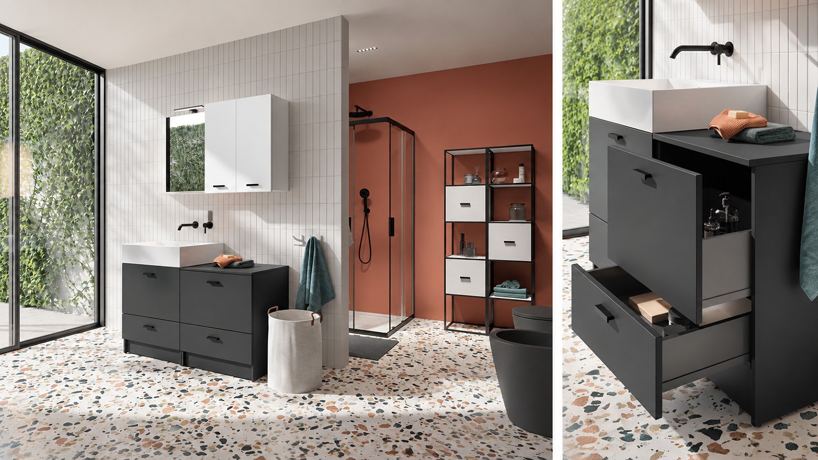Mobile bagno con lavabo in ceramica e cassetti della collezione Volant Acquaceramica Colavene