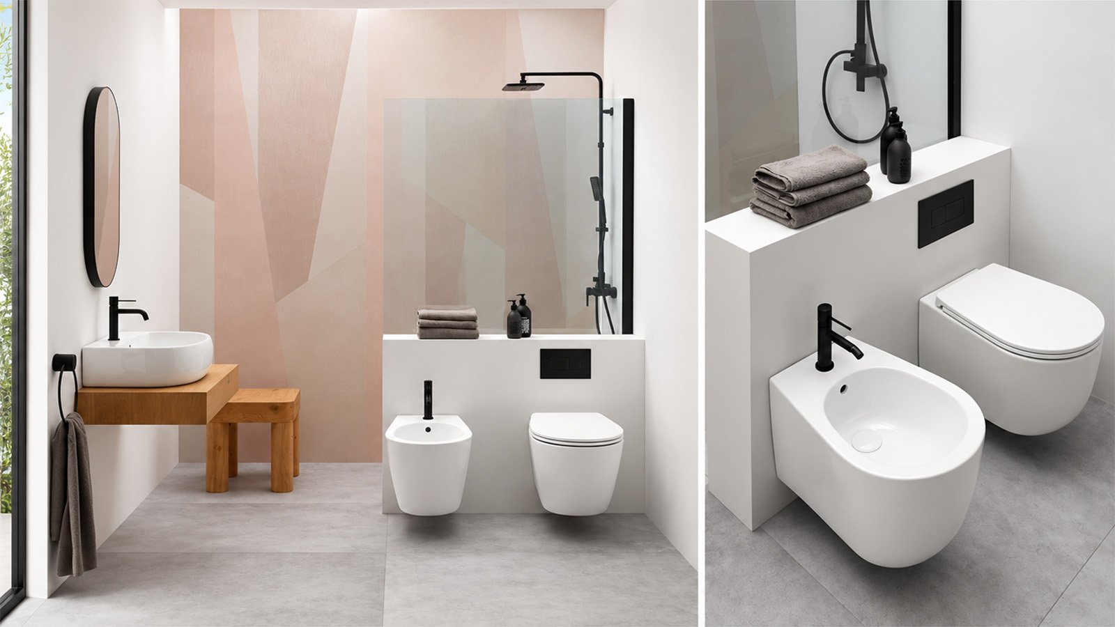 Bagno con lavabo, sanitari sospesi e doccia della collezione Avani Axa Ceramica